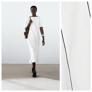 Massimo Dutti White Midi Dress with Black Accents